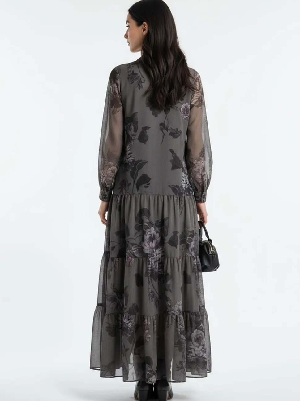 Religion Grey Stephanie Maxi Boho Tiered Dress In Taupe Floral Print