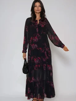 Religion Red Zoe Tiered Maxi Boho Dress With Tiered Skirt In Dark Floral