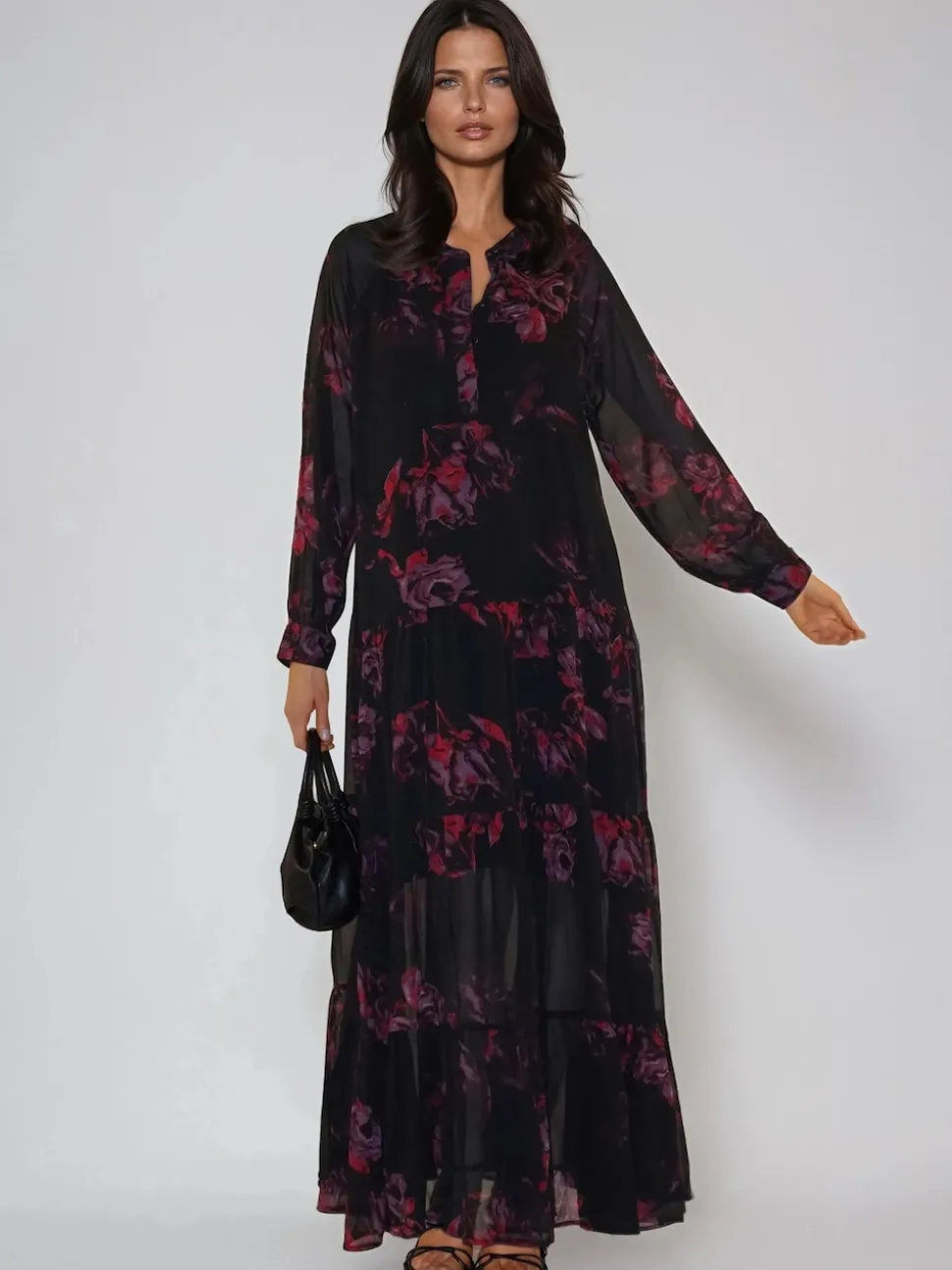 Religion Red Zoe Tiered Maxi Boho Dress With Tiered Skirt In Dark Floral