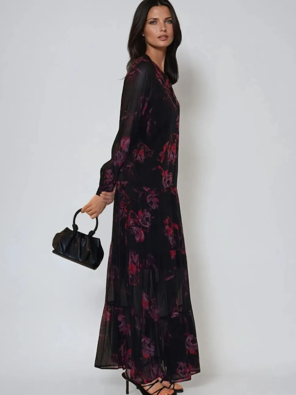 Religion Red Zoe Tiered Maxi Boho Dress With Tiered Skirt In Dark Floral