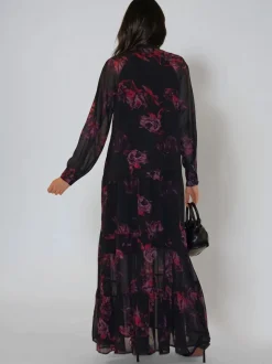 Religion Red Zoe Tiered Maxi Boho Dress With Tiered Skirt In Dark Floral