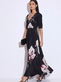 Religion Rose Pink Short Sleeved Diana Maxi Tea Dress With Large Rose Placement Print In Cupro