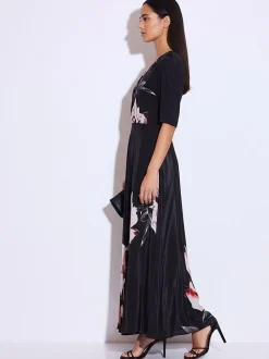 Religion Rose Pink Short Sleeved Diana Maxi Tea Dress With Large Rose Placement Print In Cupro