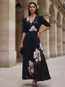 Religion Rose Pink Short Sleeved Diana Maxi Tea Dress With Large Rose Placement Print In Cupro