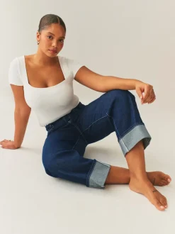 Rinse Blue Boyfriend Hourglass Wide Leg Mid Rise Turn Up Jeans