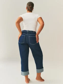 Rinse Blue Boyfriend Hourglass Wide Leg Mid Rise Turn Up Jeans