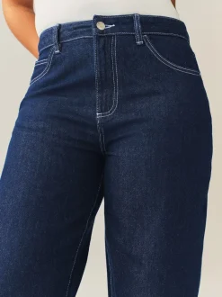 Rinse Blue Boyfriend Hourglass Wide Leg Mid Rise Turn Up Jeans