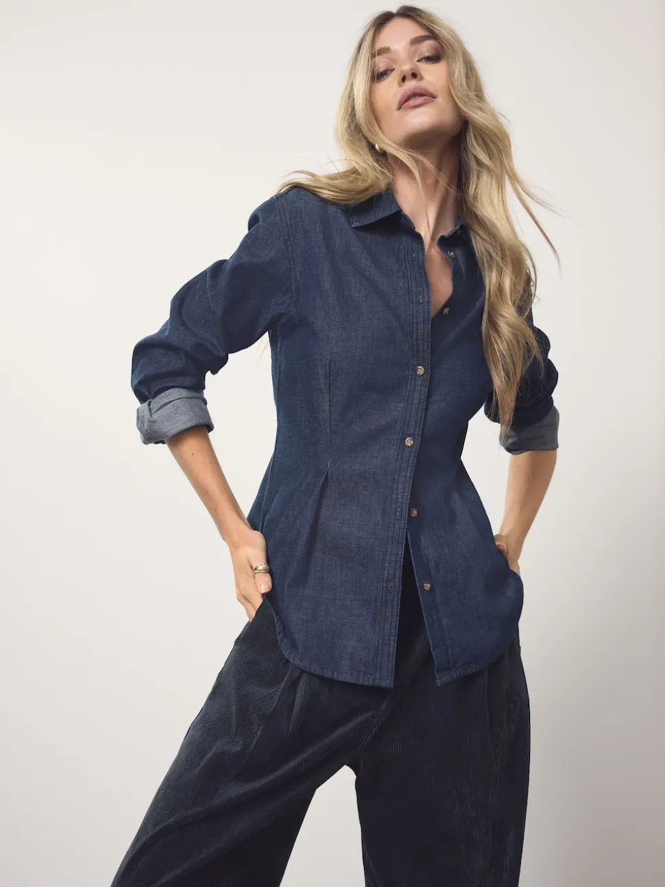 Rinse Blue Cinch Waist Fitted Long Sleeve Denim Shirt