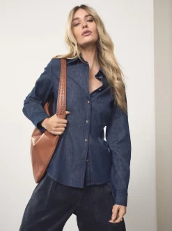Rinse Blue Cinch Waist Fitted Long Sleeve Denim Shirt