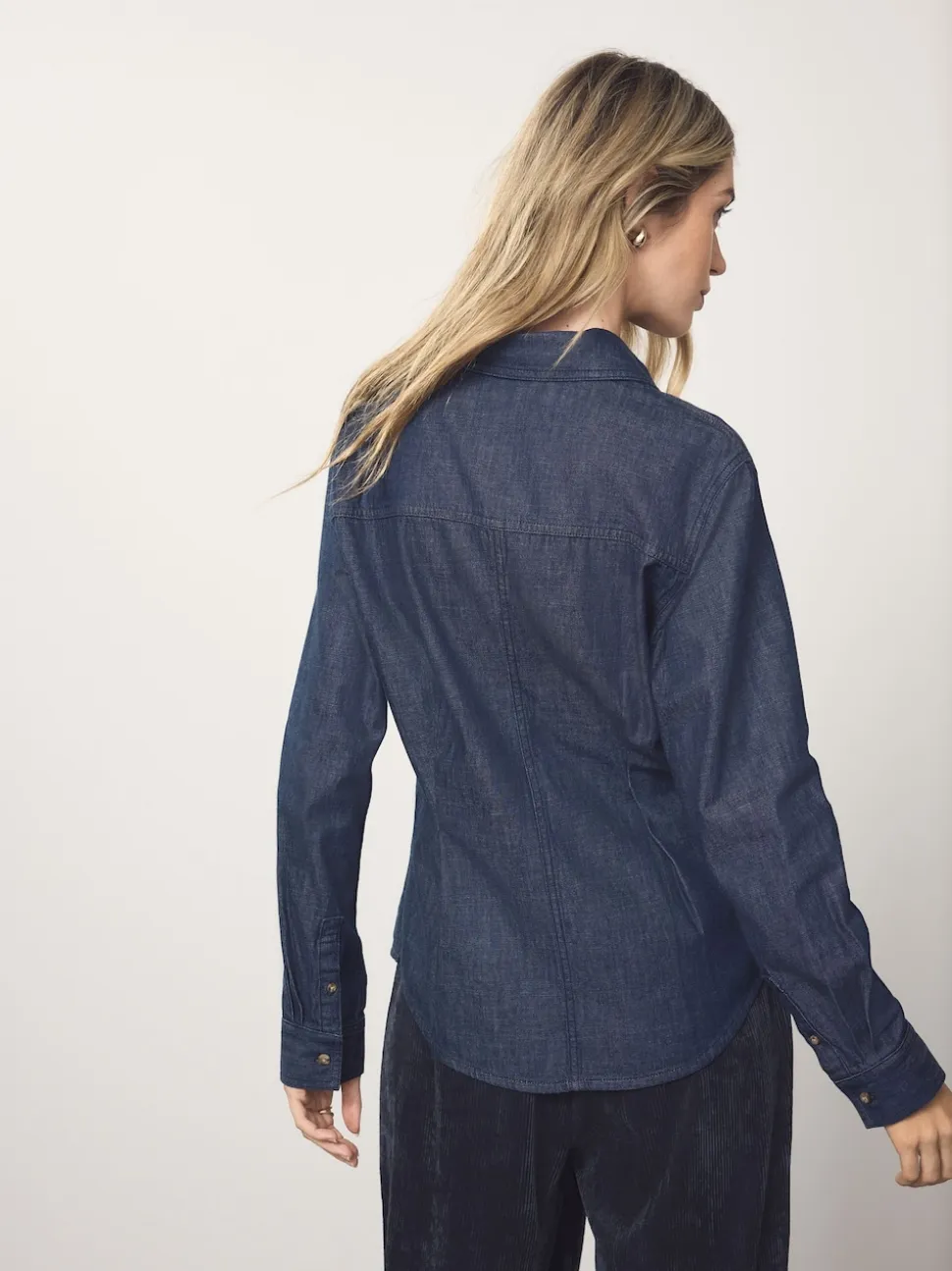 Rinse Blue Cinch Waist Fitted Long Sleeve Denim Shirt