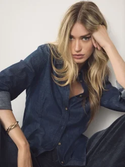 Rinse Blue Cinch Waist Fitted Long Sleeve Denim Shirt