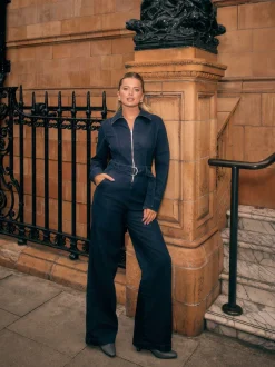 Rinse Blue Denim Belted Wide Leg Jumpsuit