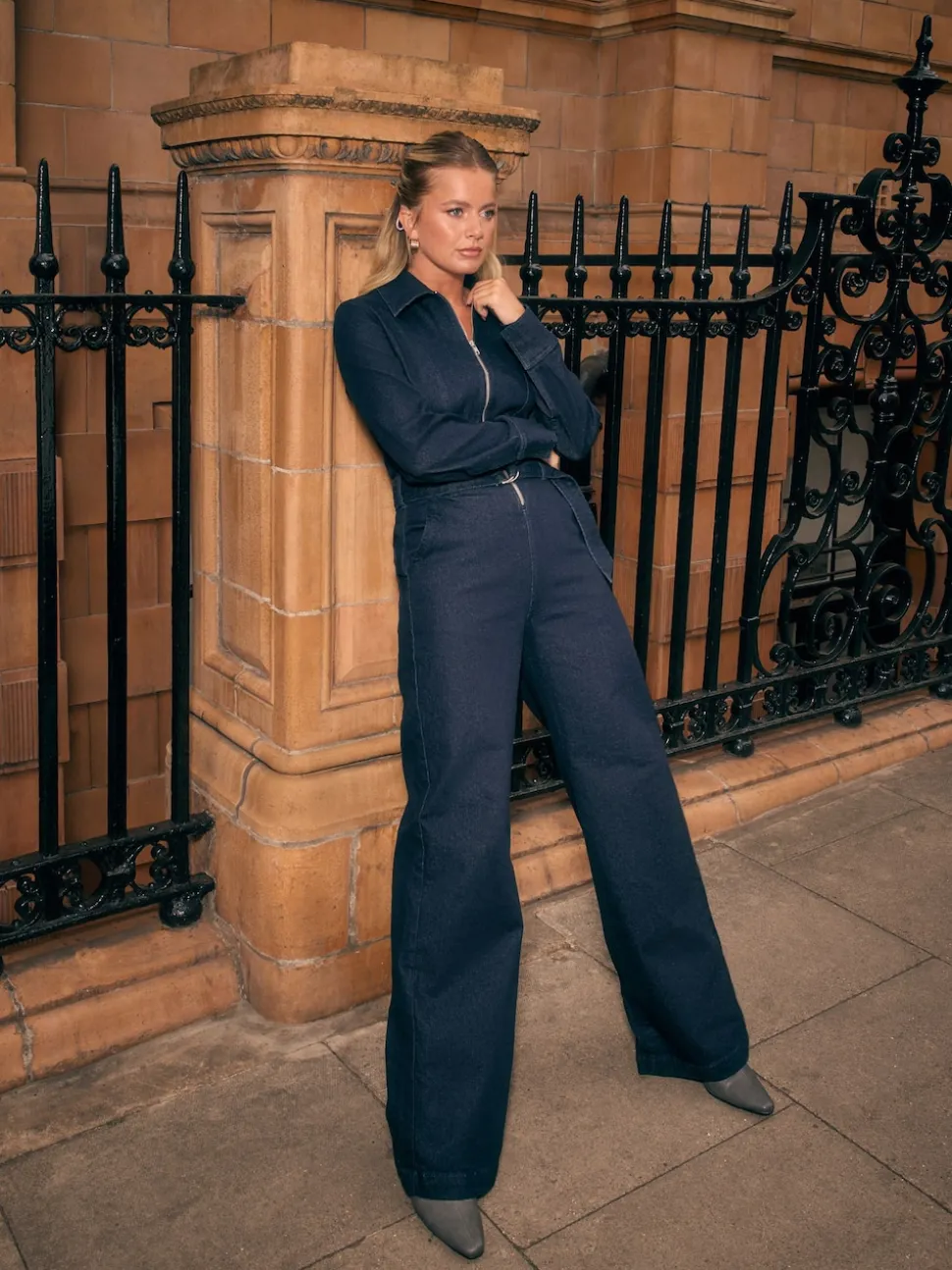 Rinse Blue Denim Belted Wide Leg Jumpsuit