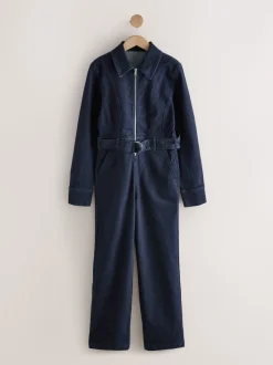 Rinse Blue Denim Belted Wide Leg Jumpsuit