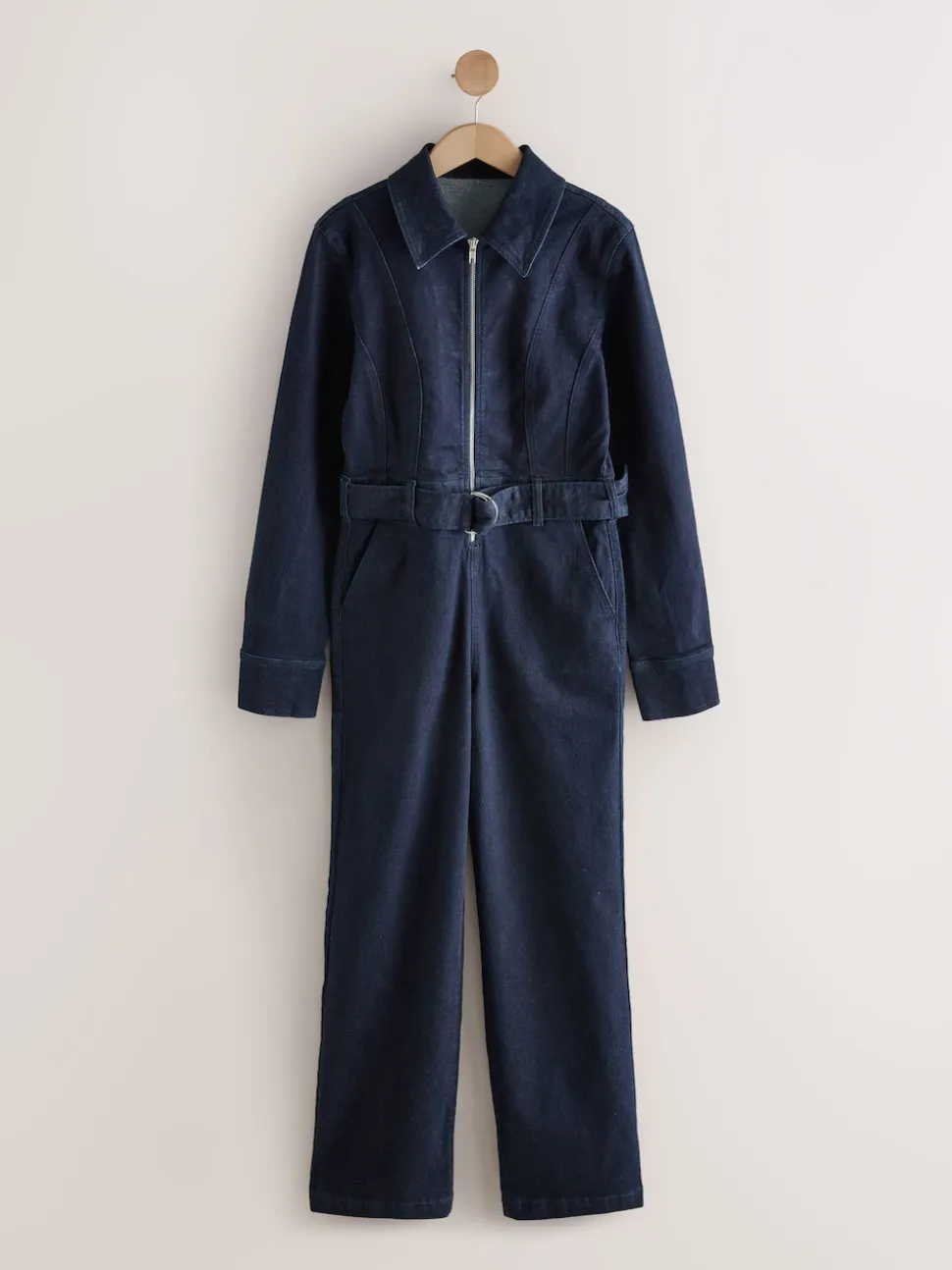 Rinse Blue Denim Belted Wide Leg Jumpsuit