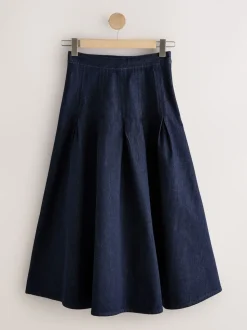Rinse Blue Denim Full Seamed Midi Skirt
