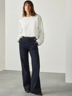 Rinse Blue Gold Button Front Wide Leg Jeans