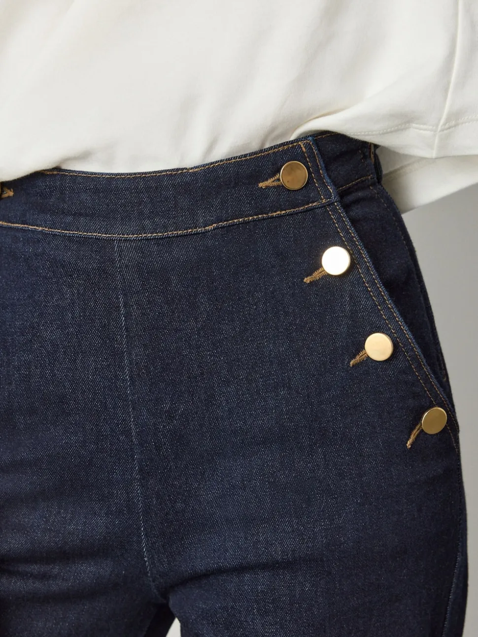 Rinse Blue Gold Button Front Wide Leg Jeans
