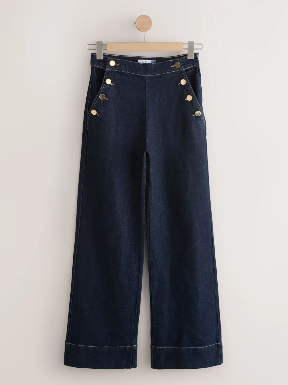 Rinse Blue Gold Button Front Wide Leg Jeans