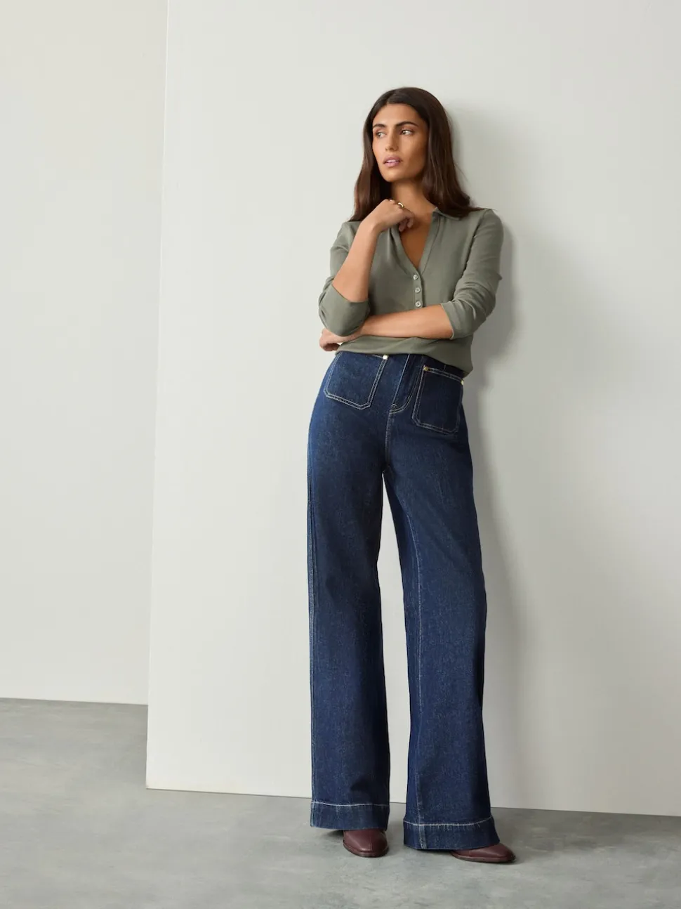 Rinse Blue N Premium High Rise Patch Pocket Comfort Stretch Wide Leg Jeans