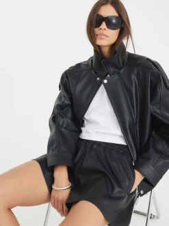 River Island Black Elasticated Faux Leather Shorts
