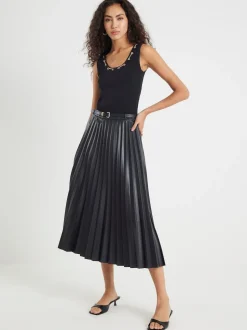 River Island Black Faux Leather Pleated Midi Skirt