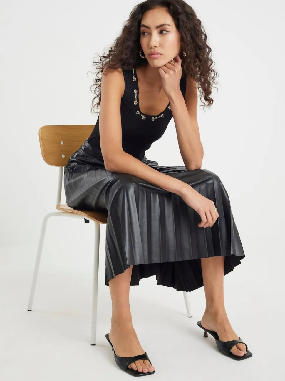 River Island Black Faux Leather Pleated Midi Skirt