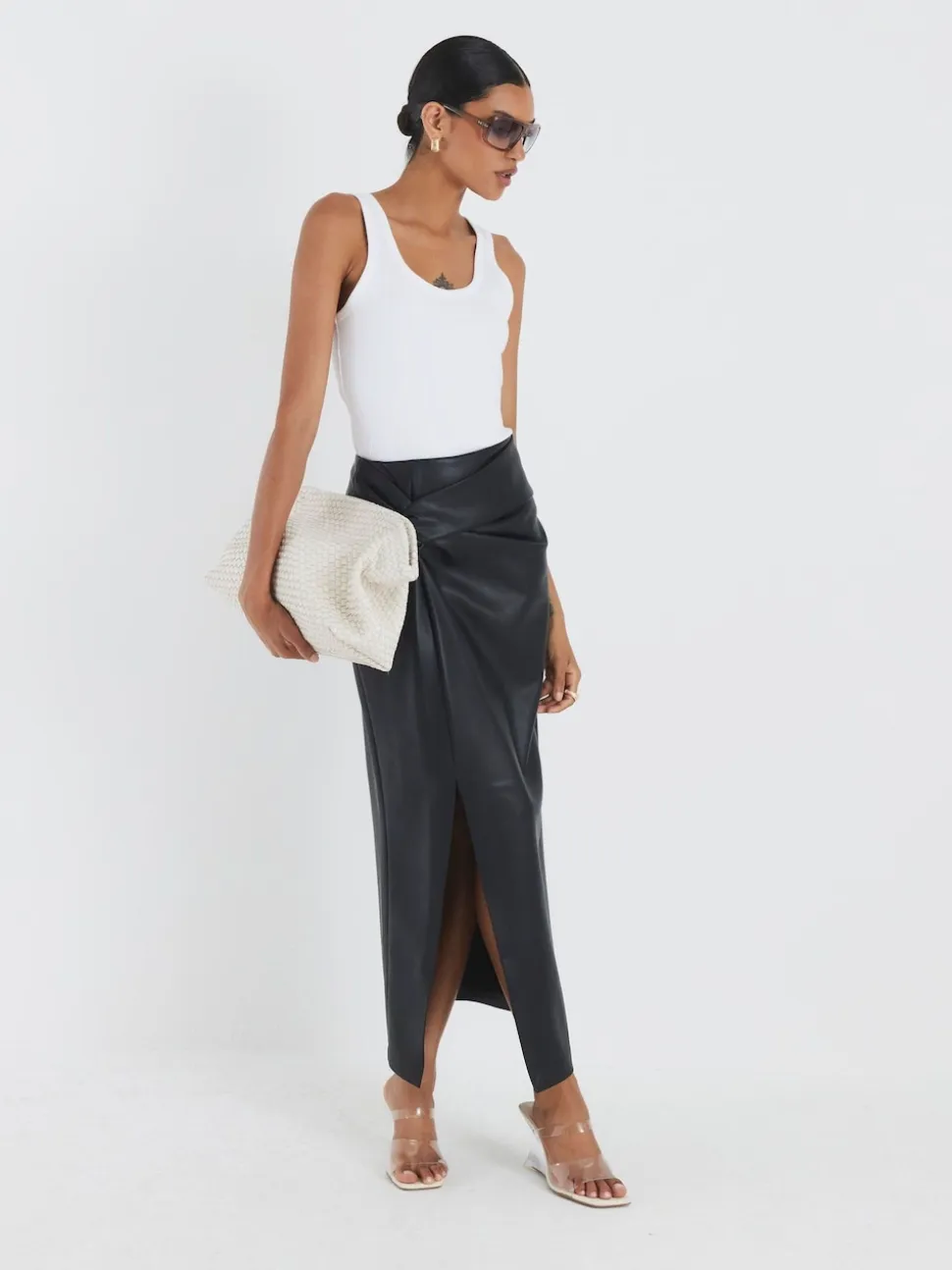River Island Black Faux Leather Twist Side Midi Skirt