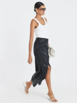 River Island Black Faux Leather Twist Side Midi Skirt