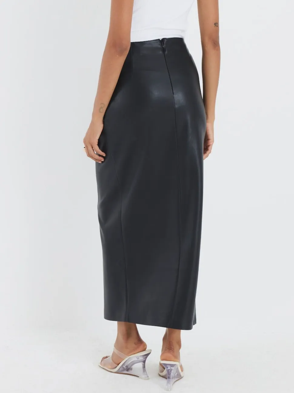 River Island Black Faux Leather Twist Side Midi Skirt