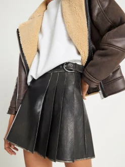 River Island Black Faux Leather Pleated Distressed Mini Skirt
