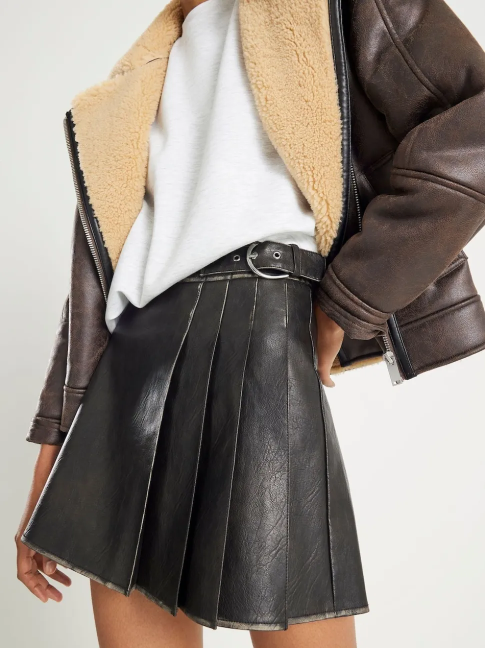 River Island Black Faux Leather Pleated Distressed Mini Skirt