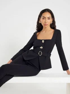 River Island Black Long Sleeve Belted Button Detail Blazer