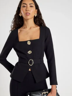 River Island Black Long Sleeve Belted Button Detail Blazer