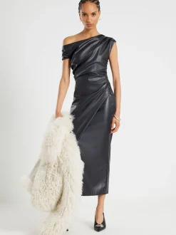 River Island Black One shoulder Drape Faux Leather Midi Dress