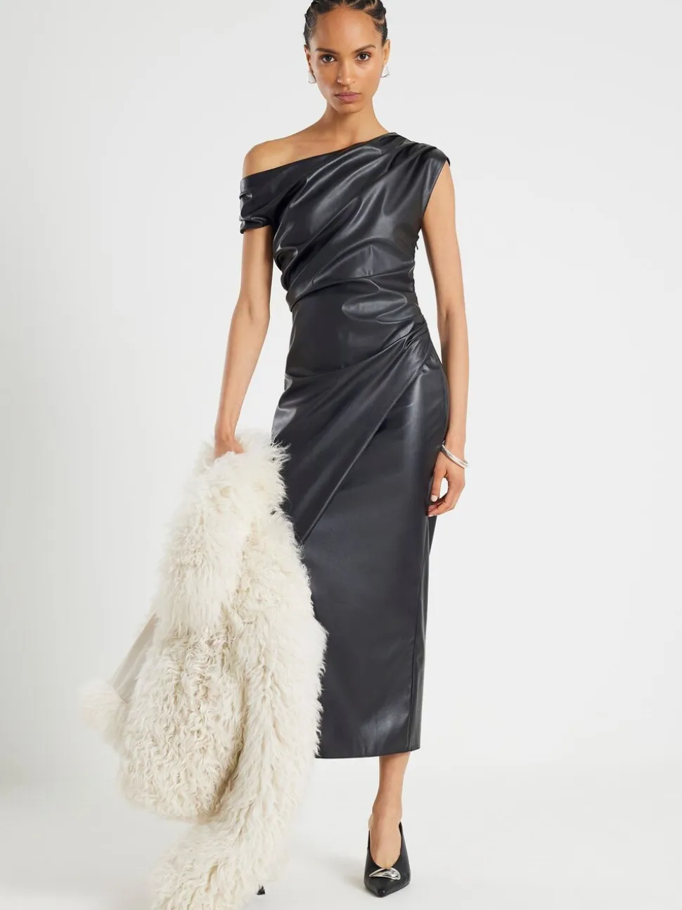 River Island Black One shoulder Drape Faux Leather Midi Dress