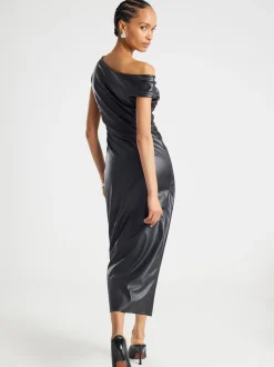River Island Black One shoulder Drape Faux Leather Midi Dress