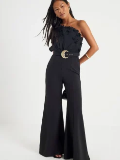 River Island Black Petite 3D Trim One Shoulder Jumpsuit