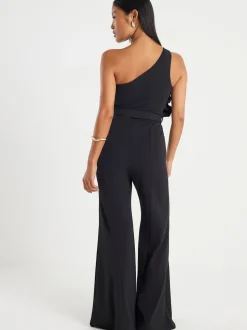 River Island Black Petite 3D Trim One Shoulder Jumpsuit