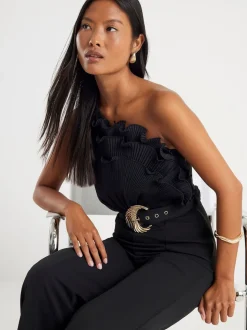 River Island Black Petite 3D Trim One Shoulder Jumpsuit