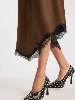 River Island Brown Asymmetric Lace Trim Satin Skirt