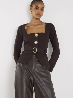 River Island Brown Long Sleeve Square Neck Belted Blazer