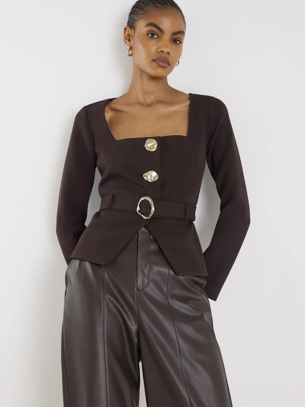 River Island Brown Long Sleeve Square Neck Belted Blazer