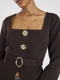 River Island Brown Long Sleeve Square Neck Belted Blazer