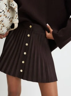 River Island Brown Suedette Button Pleated Mini Skirt