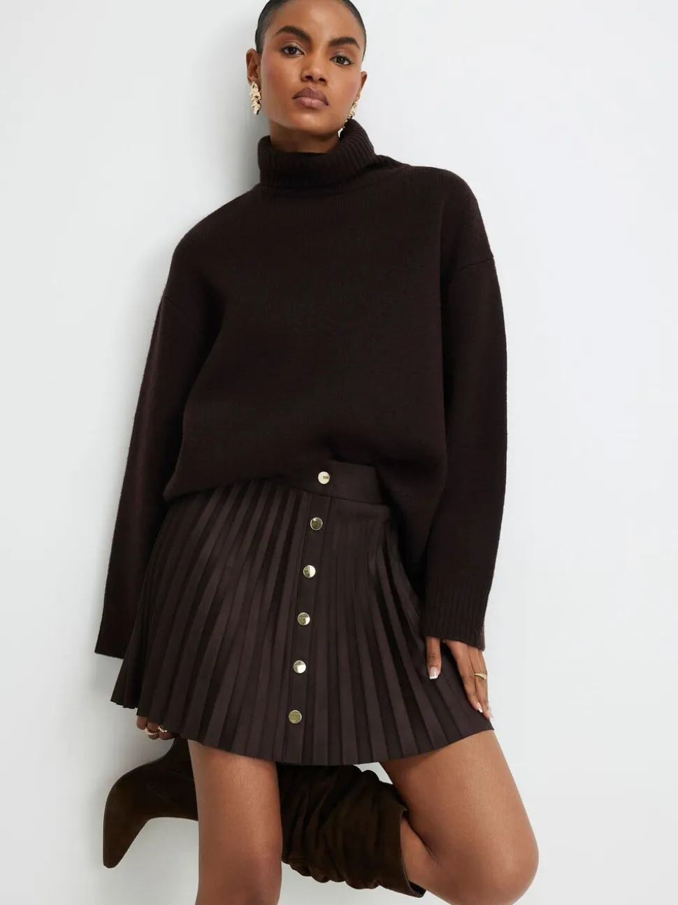 River Island Brown Suedette Button Pleated Mini Skirt