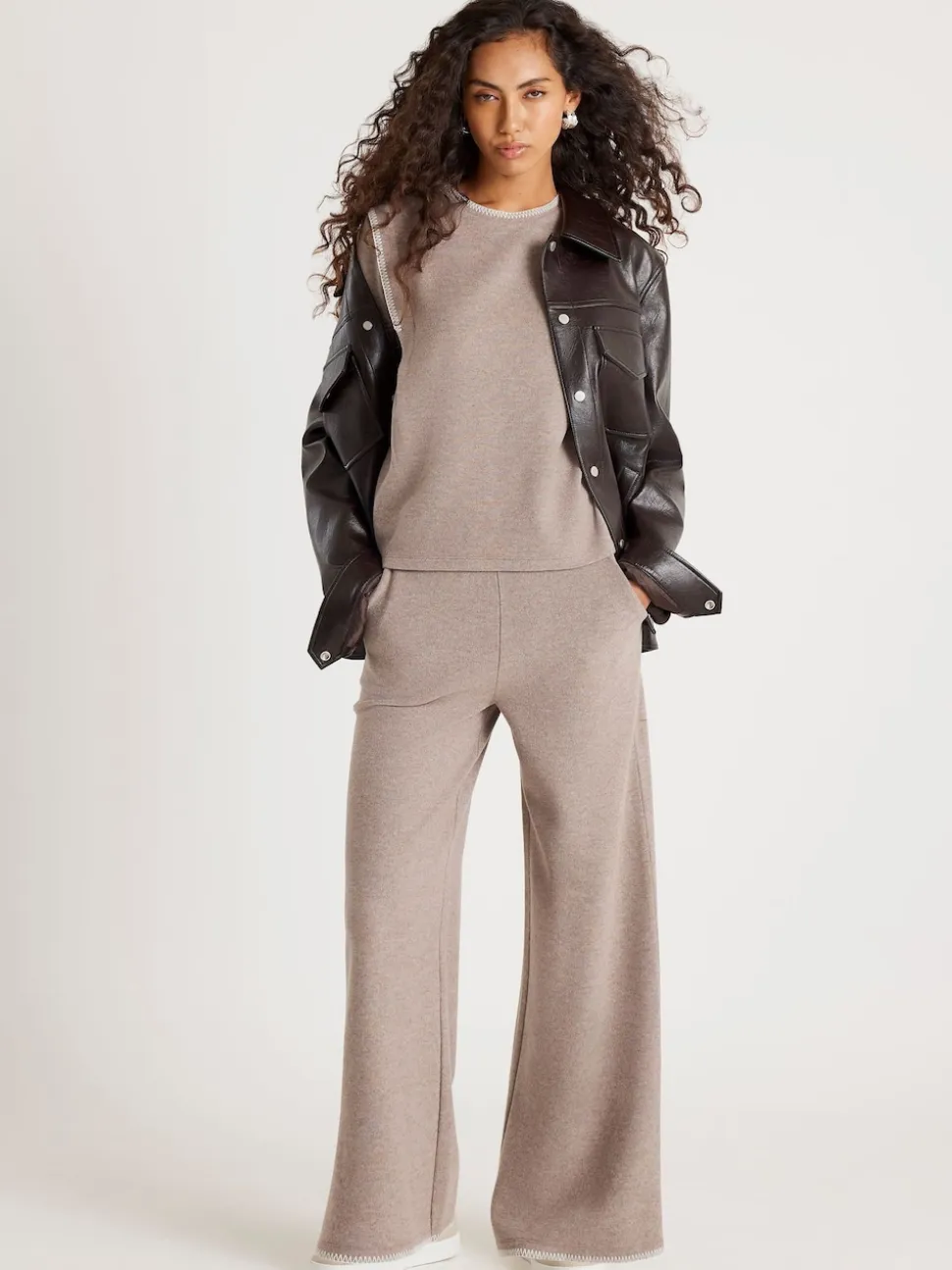 River Island Brown Whipstitch Cosy Wide Leg Joggers