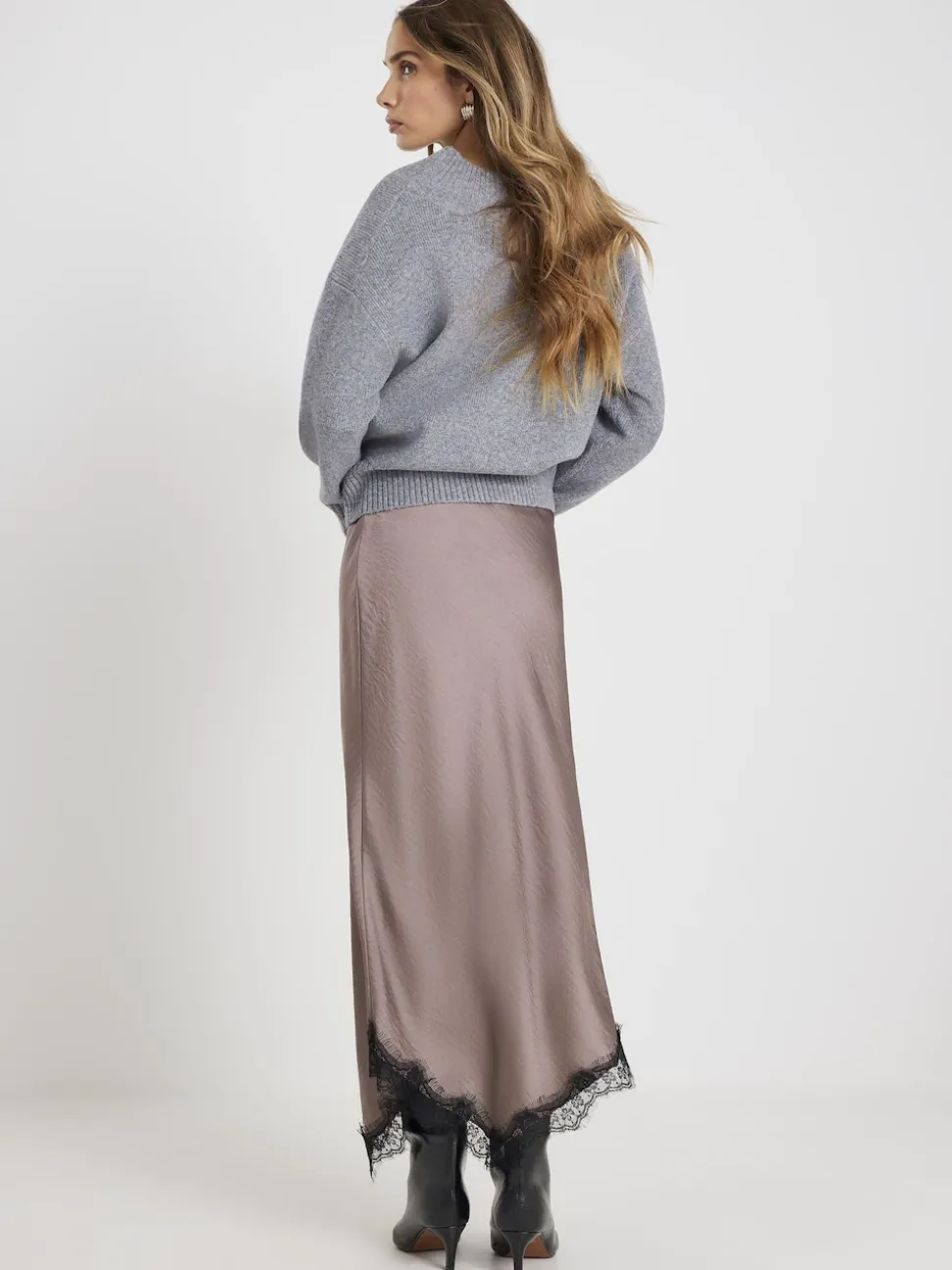 River Island Grey Satin Skirt With Lace