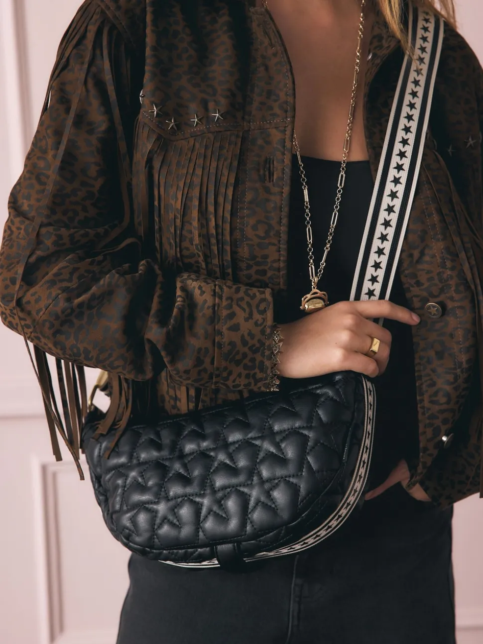 Rockett St George Black Quilted Cross-Body Bag with Star Strap