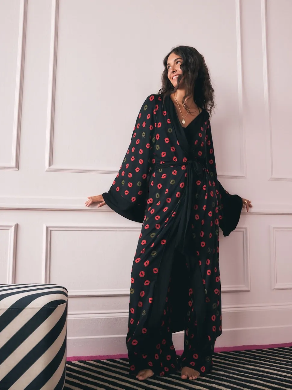 Rockett St George Black/Red Lips Jersey Robe